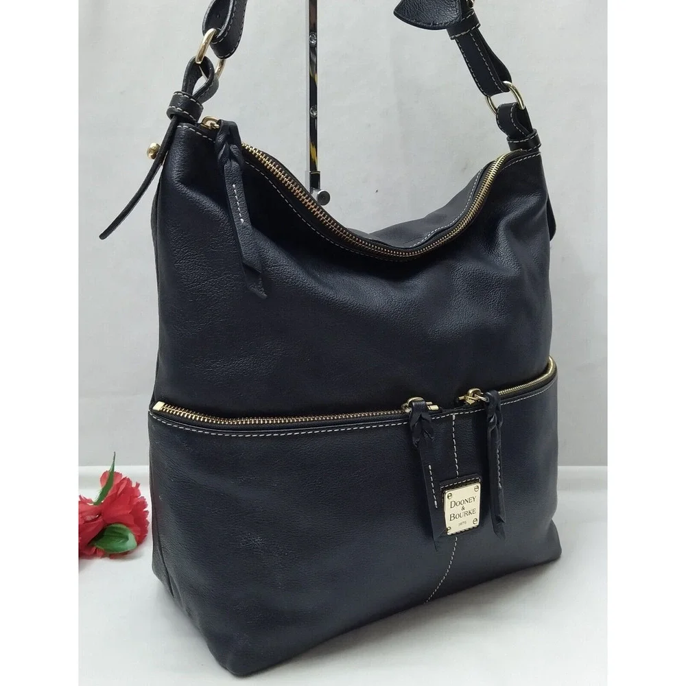 Dooney & Bourke Black Pebbled Leather Zipper Pockets Hobo Shoulder Bag